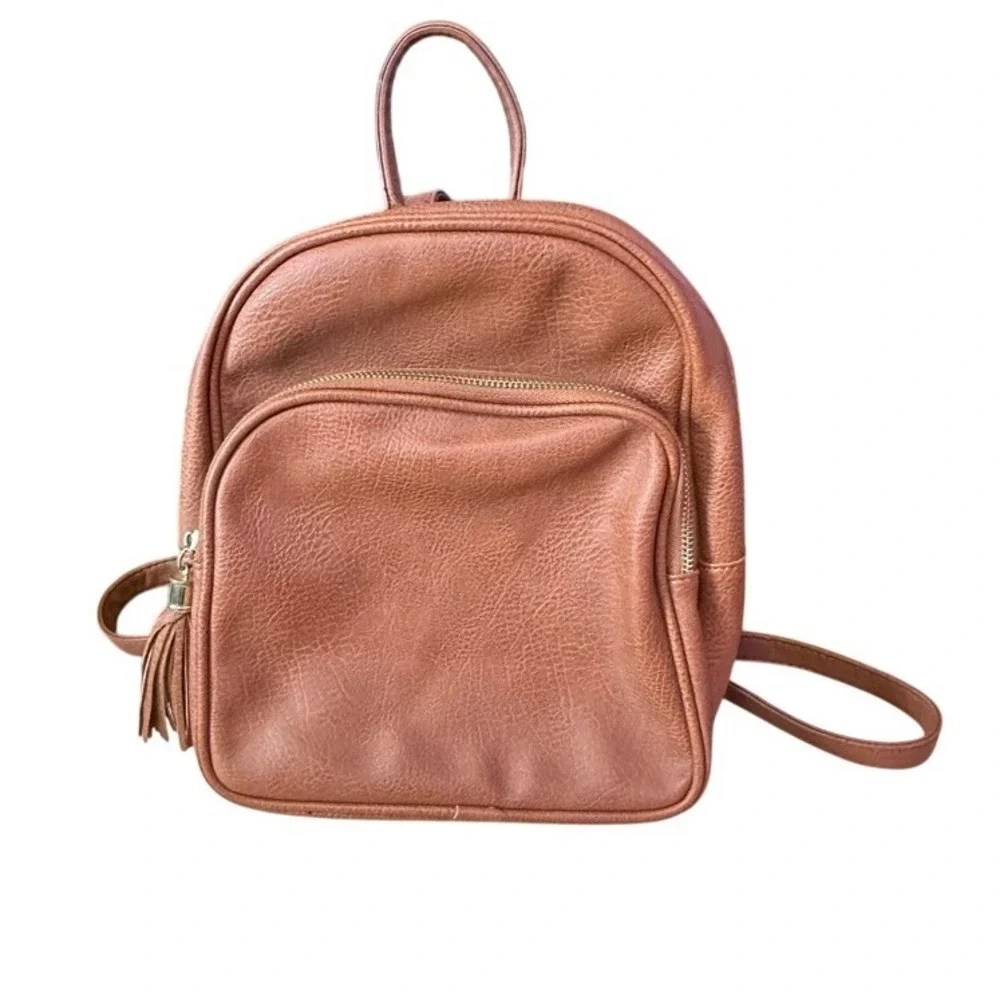 Cognac Brown Faux Leather Mini Backpack BPWM173154 Tassel Detail Gold Hardware